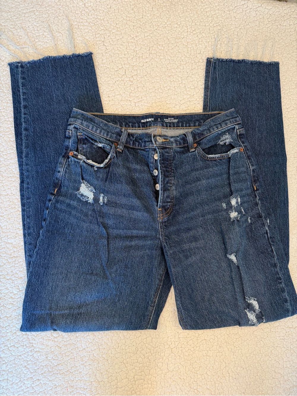Old Navy Women's Distressed Dark Wash Straight-Leg Jeans 8